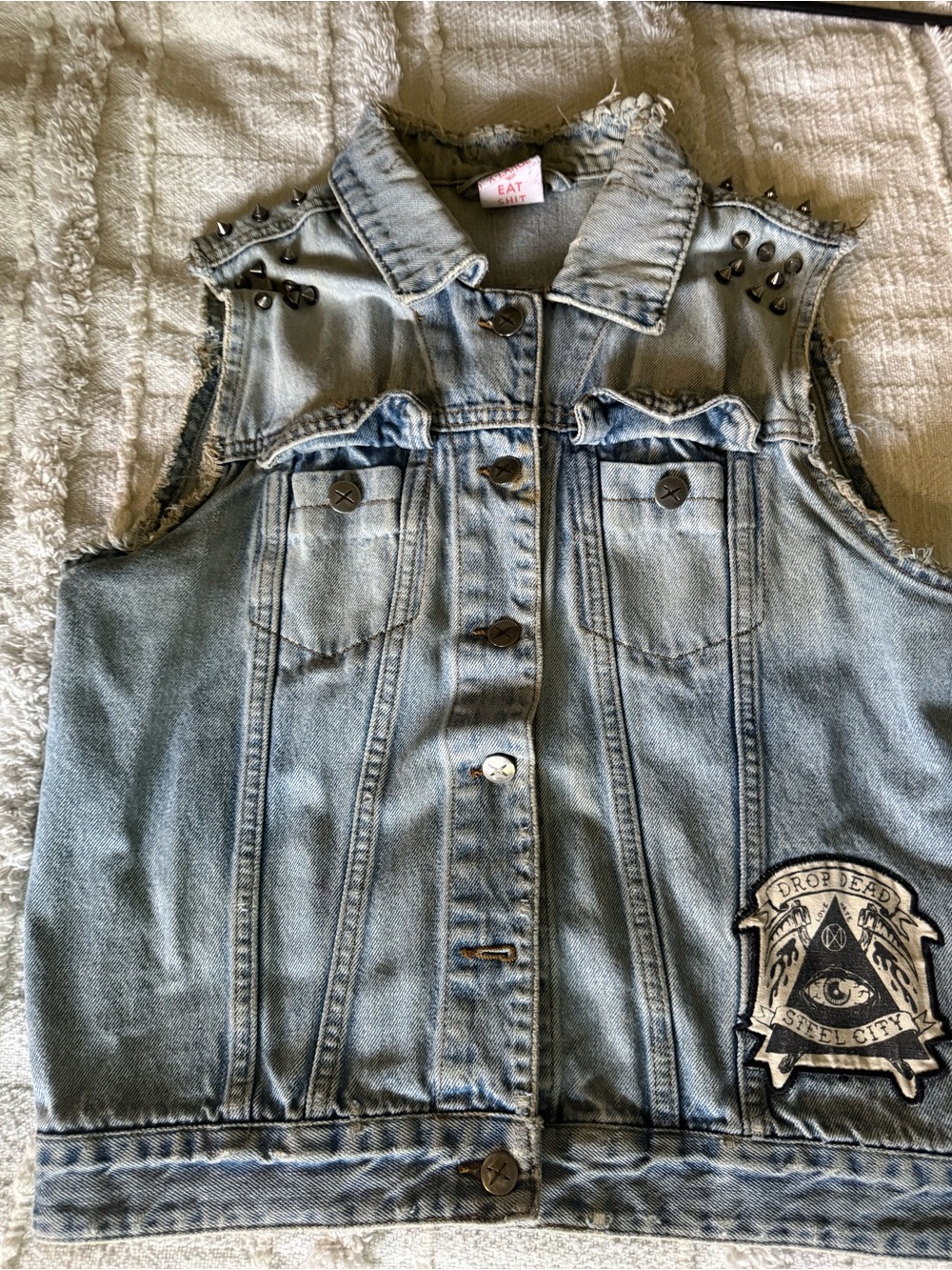 Studded Light Blue Denim Vest with Patch